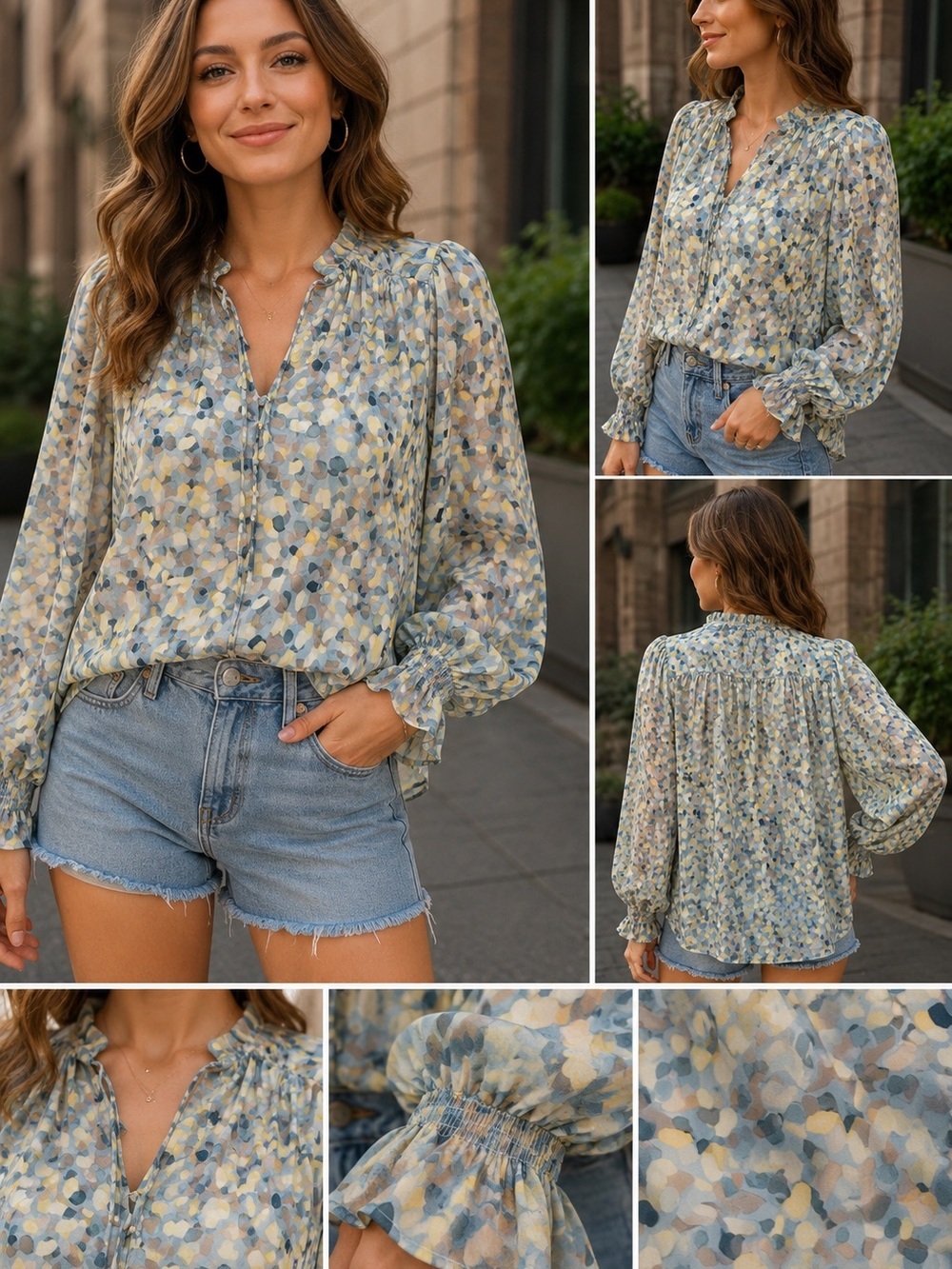 DKNY Multicolor Button Down Blouse in Blue Sz‎ L